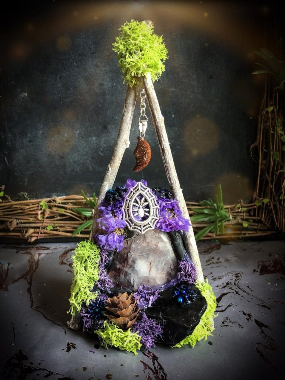 Midnight Moon Witchy Fire Quartz Crystal Fairy door